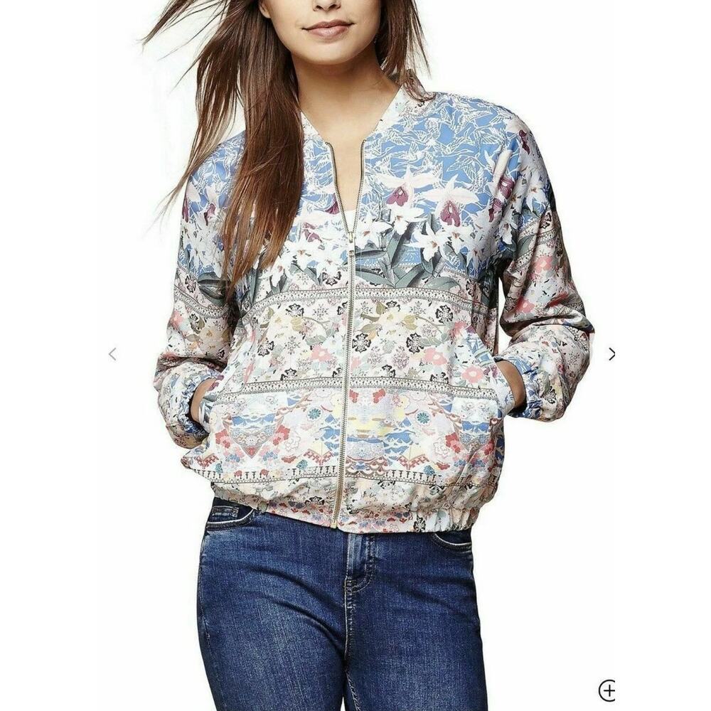 Yumi Floral Bomber Jacket Size 12 Lightweight Zip Up boho eclectic coastal